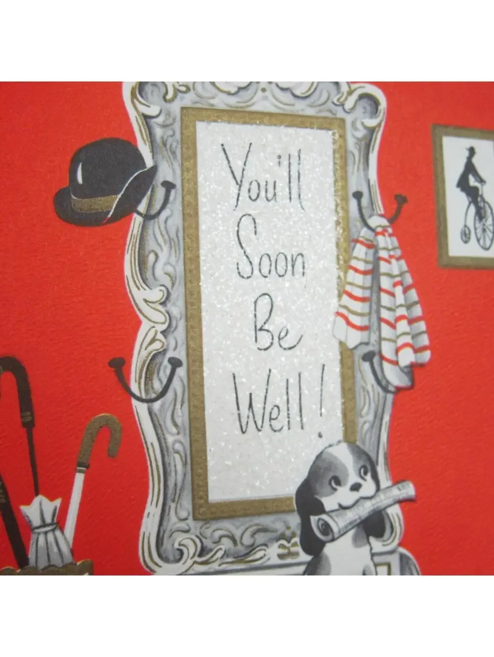 Antique Get Well Soon Greeting Card 1860s Hall Tree Bowler Hat High Wheel & Dog